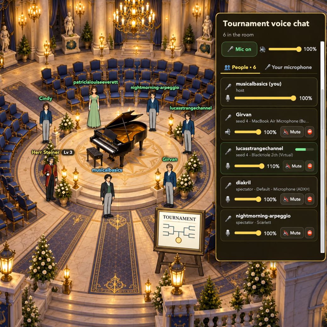 The Grand Concert Hall in Ultimate Pianist during last weekend's tournament: pianists at the concert grand, the audience in the seats, the voice chat on the side