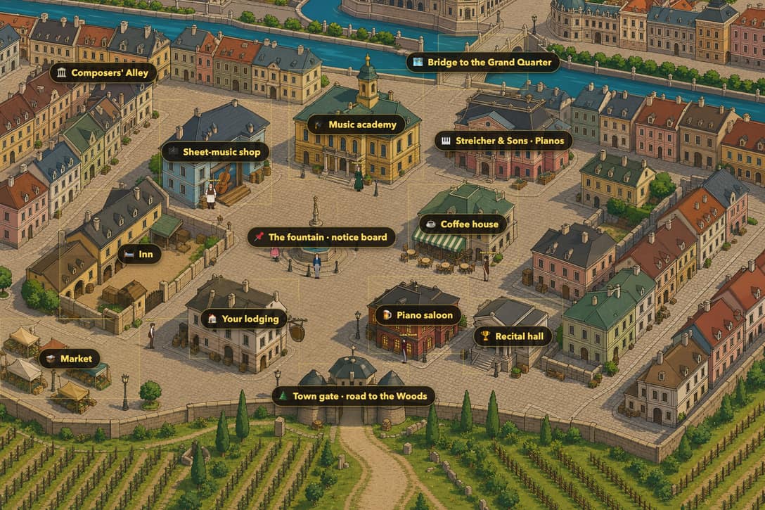 The map of Vienna in Ultimate Pianist: the music academy, the sheet-music shop, the piano saloon and the recital hall around the square