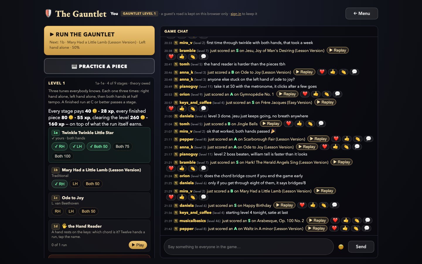 The Gauntlet screen: level 1's three pieces and their stages on the left, the game's chat on the right